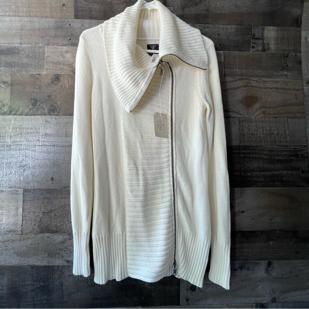 Guess Los Angeles Cream Full Zip Sweater Cardigan Side Zip Size M Cotton Blend
